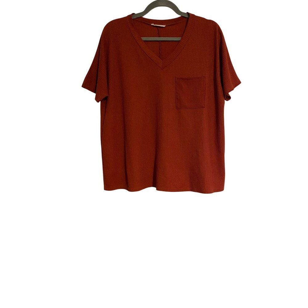 Entro Women’s Knit Top Rust Orange V-Neck Short Sleeve Textured L Tunic Boxy